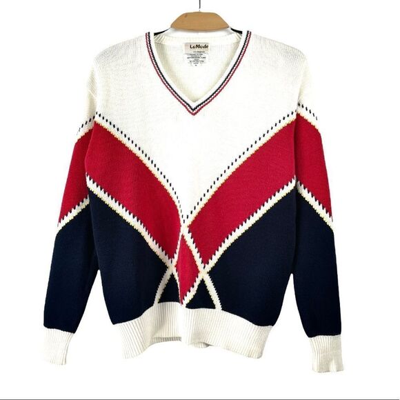 VINTAGE La Mode White Argyle V Neck Sweater Size M - Picture 2 of 7